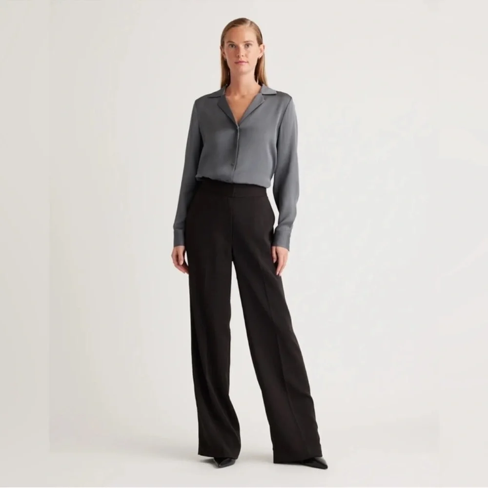 Quince Stretch Crepe Black Classic Wide Leg Trousers Business Pleated Pants 14